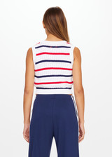 THE UPSIDE Heritage Mina Knit vest is a sustainable organic cotton White cable knit with Red and Navy stripes, ribbed deep V neckline and embroidered arrow at centre back.