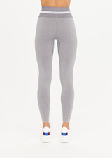 THE UPSIDE Form Seamless 25inch Midi Pant in Grey Marle is a mid-rise 7/8 length legging with a soft ribbed waistband and white stripe.