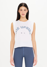 THE UPSIDE Cropped Muscle Tank is a sustainable organic cotton relaxed fit, sleeveless cropped muscle tank with our printed horseshoe logo at chest.