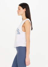 THE UPSIDE Cropped Muscle Tank is a sustainable organic cotton relaxed fit, sleeveless cropped muscle tank with our printed horseshoe logo at chest.