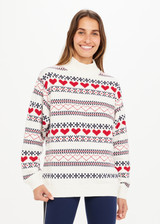 THE UPSIDE St Moritz Clementine Knit Crew in Cream and our Heart intarsia artwork is an organic cotton, ribbed, relaxed fit knit crew with a high neck.