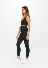 THE UPSIDE Cobra 25inch Midi Pant in tonal Dark Green Cobra print is a recycled mid-rise 7/8 length legging with drawcord waist and printed arrow logo at centre back.