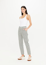 THE UPSIDE Grove Franca Pant in woven Check fabrication is an organic cotton straight leg pant with pockets and knitted stripe detail waistband with button and zip fly opening.