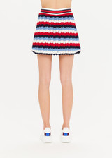 THE UPSIDE Chantilly Crochet Rue Skirt in Striped White, Navy, Red and denim Blue is a crocheted skirt with soft stripe rib waistband and scalloped crocheted edge detail.
