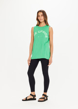 THE UPSIDE Tara Tank in Green is an organic cotton sleeveless top with a long line silhouette and a large tonal horsehoe logo print at the centre front.