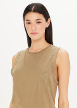 THE UPSIDE Jeet Tank in Olive Green is a sustainable organic cotton relaxed fit tank with folded detail and printed with our horseshoe logo at front.