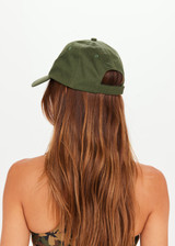 THE UPSIDE Basecamp Soft Cap in Olive Green is a sustainable organic cotton soft retro fit cap with our embroidered horseshoe logo at front and adjustable velcro strap at back.