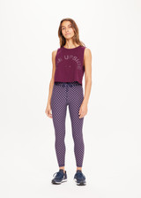 THE UPSIDE Bailey Crop Tank in Fig Purple is a sustainable organic cotton relaxed fit cropped tank with printed with our horseshoe logo at centre front.