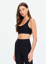 THE UPSIDE women's black mid coverage Peached Harley Bra features removable bust cups, scoop front and neck bra. This sports bra is constructed with breathable, moisture-wicking fabrication.