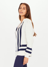 THE UPSIDE Kai Crochet Hoodie in Natural is an oversized long line crochet hoodie with contrast navy stripes and a soft plaited drawcord.