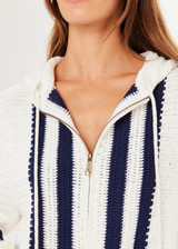 THE UPSIDE Kai Crochet Hoodie in Natural is an oversized long line crochet hoodie with contrast navy stripes and a soft plaited drawcord.