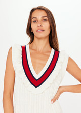 THE UPSIDE Columbia Blaise Knit Dress in White is a sustainable organic cotton knit mini dress with a knitted stripe V neck with mini knitted frill.