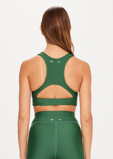 THE UPSIDE Oxford Nora Bra in Fern Green is a sustainable high neck bra with half-moon cut out at back, contrast binds at sides and removable cups.