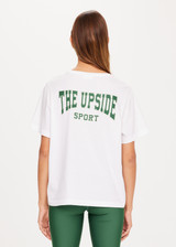 THE UPSIDE Ivy League Jodhi Tee in White is sustainable organic cotton classic tee printed with our The Upside Sport logo on chest.