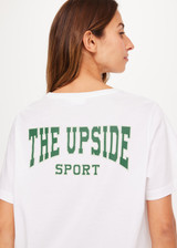 THE UPSIDE Ivy League Jodhi Tee in White is sustainable organic cotton classic tee printed with our The Upside Sport logo on chest.