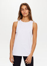 THE UPSIDE White Quick Dry Sarah Tank is made from a recycled dri release fabrication in black and designed for a relaxed fit and features sweat wicking and quick drying properties.
