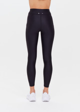THE UPSIDE women's black Supersoft 25inch Pocket Midi Pant is a mid rise, 7/8 length, super soft legging is made from breathable, quick drying and moisture wicking fabric with a 4-way stretch. It features a stretch drawcord through the waistband and a print arrow at the centre back waistband.