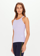 THE UPSIDE Asana Tank in Purple is a lightweight organic cotton rib tank top with jersey neck and armhole binds and an embroidered arrow at the centre back.
