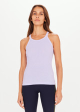 THE UPSIDE Asana Tank in Purple is a lightweight organic cotton rib tank top with jersey neck and armhole binds and an embroidered arrow at the centre back.
