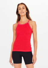 THE UPSIDE Asana Tank in Red is a lightweight organic cotton rib tank top with jersey neck and armhole binds and an embroidered arrow at the centre back.