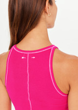 THE UPSIDE Asana Tank in Pink is a lightweight organic cotton rib tank top with jersey neck and armhole binds and an embroidered arrow at the centre back.