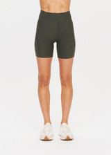THE UPSIDE womens mid-rise khaki Peached 6 Inch Pocket Spin Short made with Recycled Peach fabric features two side pockets, brushed handfeel and moisture wicking properties.