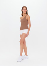 THE UPSIDE womens brown/mocha scoop neck, form fitting Balance Seamless Lenny Tank made with Form Seamless fabric features cross back straps, shelf bra and removable cups.