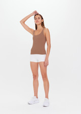 THE UPSIDE womens brown/mocha scoop neck, form fitting Balance Seamless Lenny Tank made with Form Seamless fabric features cross back straps, shelf bra and removable cups.