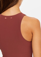 THE UPSIDE womens brown high neck cropped Jacinta Tank made with Ultra Soft Recycled Rib fabric features a built in shelf bra and removable cups, designed for layering and pairing with shorts.