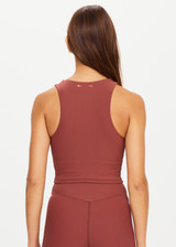 THE UPSIDE womens brown high neck cropped Jacinta Tank made with Ultra Soft Recycled Rib fabric features a built in shelf bra and removable cups, designed for layering and pairing with shorts.