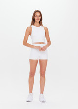 THE UPSIDE womens white high neck Jacinta Crop Tank made with Recycled Peached fabric features a built in shelf bra and removable cups, designed for layering