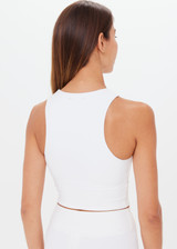 THE UPSIDE womens white high neck Jacinta Crop Tank made with Recycled Peached fabric features a built in shelf bra and removable cups, designed for layering