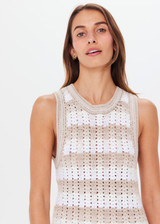 THE UPSIDE womens white/brown high neck Bungalow Sienna Crochet Dress made with organic cotton features a low scooped out back and self tie at back of neck, great for summer.