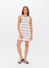 THE UPSIDE womens white/brown high neck Bungalow Sienna Crochet Dress made with organic cotton features a low scooped out back and self tie at back of neck, great for summer.