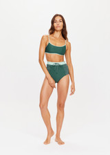 THE UPSIDE pine green Mahina Gia Bralette made from a recycled textured fabric is fully lined and features a scoop front, mint green binds, adjustable straps and removable bust cups.