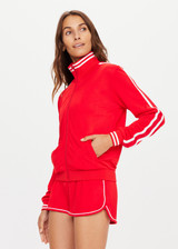 THE UPSIDE women’s red Iro Margot Jacket features soft rib neck, cuffs and hem, welt pockets and stripe knitted tape down sleeves.