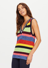 THE UPSIDE women’s rainbow Wabi Sabi Nikko Knit Vest made with 100% organic cotton features a chunky knit composition, deep-v neckline and white stripes throughout; a lifestyle piece.
