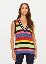 THE UPSIDE women’s rainbow Wabi Sabi Nikko Knit Vest made with 100% organic cotton features a chunky knit composition, deep-v neckline and white stripes throughout; a lifestyle piece.