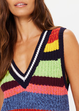 THE UPSIDE women’s rainbow Wabi Sabi Nikko Knit Vest made with 100% organic cotton features a chunky knit composition, deep-v neckline and white stripes throughout; a lifestyle piece.