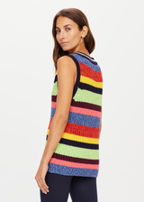 THE UPSIDE women’s rainbow Wabi Sabi Nikko Knit Vest made with 100% organic cotton features a chunky knit composition, deep-v neckline and white stripes throughout; a lifestyle piece.