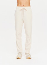 THE UPSIDE womens white straight leg Rodeo Franca Pant made with a soft organic cotton blend features elastic waistband, pockets and white stripes down sides, designed for golf.