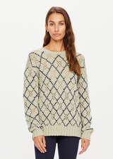 THE UPSIDE womens matcha green Jardin Boo Knit made with brushed organic cotton is a crew neck knit featuring a diamond check design with contrasting navy thread and soft knitted cuff, neck and hem.