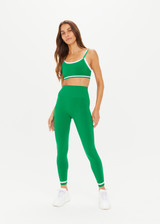 THE UPSIDE women's green double-layer Form Seamless Kelsey Bra made in Recycled Form Seamless fabric features a white contrast underlayer, soft stripe ribbing at band and moisture control properties.