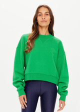 THE UPSIDE women's bright green Drifter Dominique Crew made in organic cotton fleece features a cropped cut, tonal embroidered Horseshoe logo at front chest and a high neck band in soft rib.