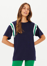 THE UPSIDE women's navy Drifter Seven Tee made in cotton viscose blend knit is a retro-style slim fit tee, featuring a contrasting green and white stripe rib at shoulder, an embroidered “7” on back and ribbed neckline.