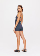 THE UPSIDE women's green check Jambo Kiva Onesie is made with textured gingham fabric. This all-in-one features fine straps with a low cross back. Designed for warmer months.