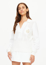 THE UPSIDE women's white Baccarat Violette Sweater is made in organic cotton knit on front and soft cotton jersey on back, sleeves and collar. This is a relaxed vintage inspired sweater.