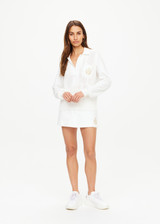 THE UPSIDE women's white Baccarat Violette Sweater is made in organic cotton knit on front and soft cotton jersey on back, sleeves and collar. This is a relaxed vintage inspired sweater.