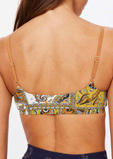 THE UPSIDE women's neutral paisley print Vadella Ballet Bra is made from recycled polymaide. The soft supported ballet bra features adjustable straps. Designed for yoga, pilates and barre.