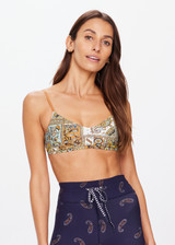 THE UPSIDE women's neutral paisley print Vadella Ballet Bra is made from recycled polymaide. The soft supported ballet bra features adjustable straps. Designed for yoga, pilates and barre.